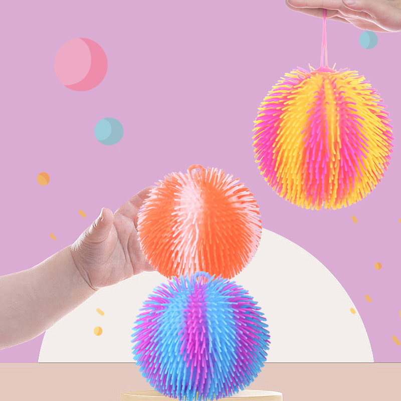 Creative luminous dual-color dense fluffy ball release ball, Internet celebrity extra-large soft rubber elastic flashing ball, fluffy ball inflatable toy Specification image