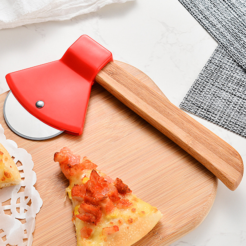 不锈钢斧头型切披萨刀木柄pizza切刀 介饼器烘培小工具单轮切饼刀