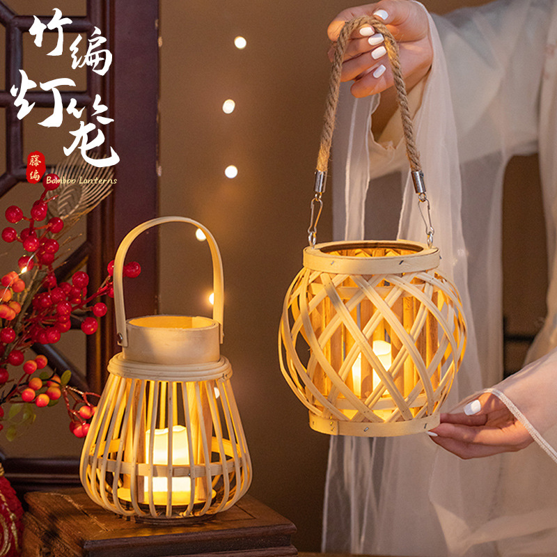 中秋节灯笼手提藤编竹编成品花灯古风发光宫灯汉服摄影拍照道具