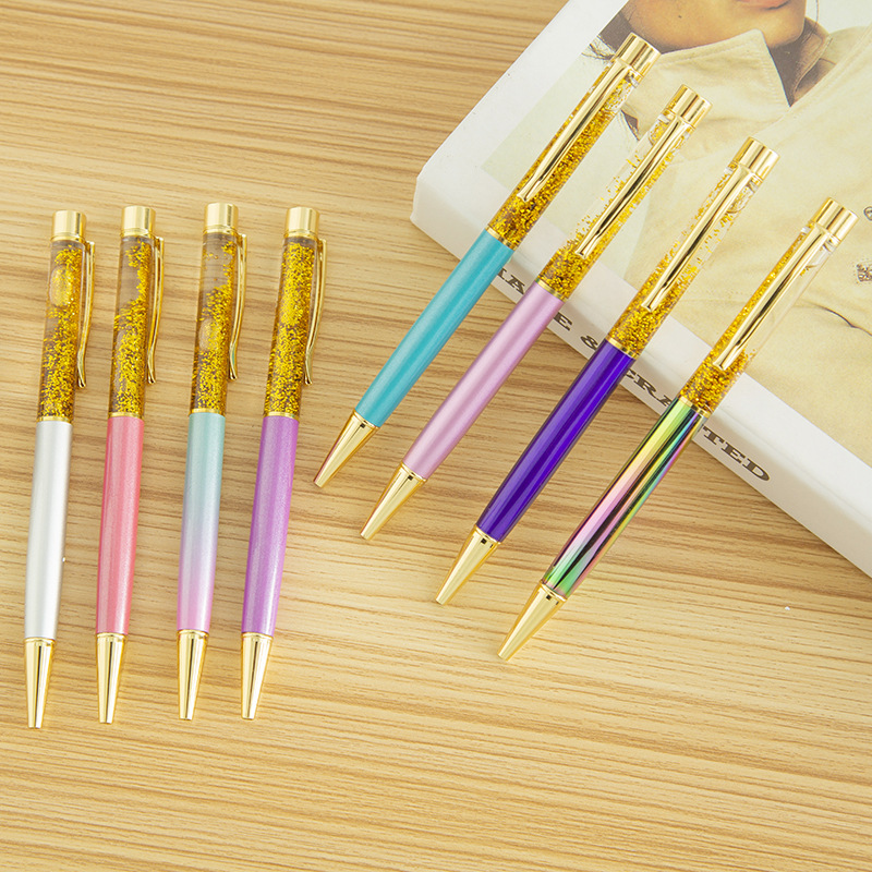Cross-border creative gold powder into oil pens, colorful flowing sand pens, metal empty tube pens, gift advertising pens details Picture