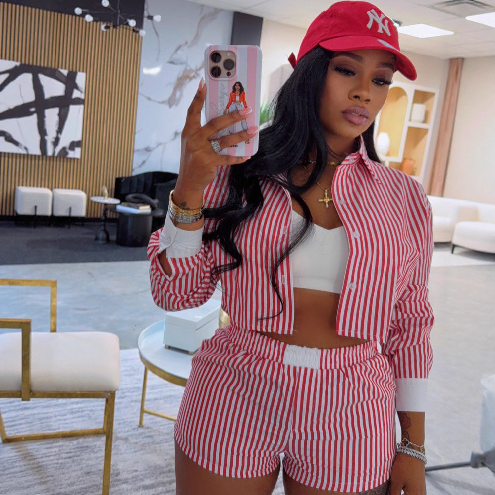 L5521 European and American women's clothing, Amazon AliExpress, stylish and commuting striped lapel shirt and shorts two-piece set Specification drawing