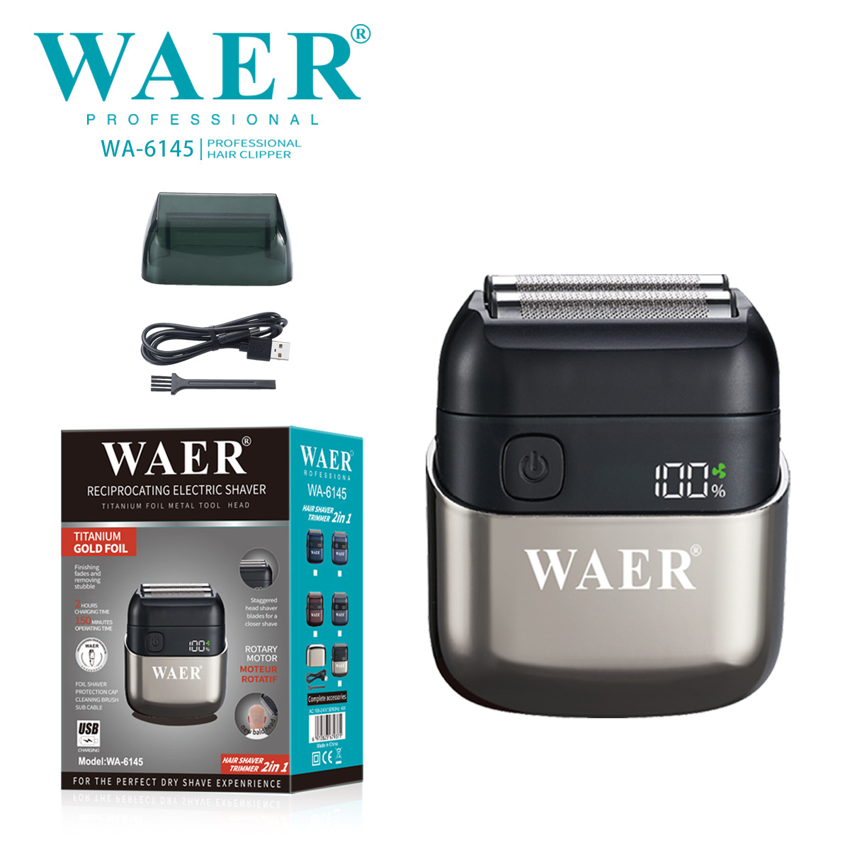 WAER跨境新款黑色质感电动剃须刀小巧便携送礼电动剃须刀数字显示