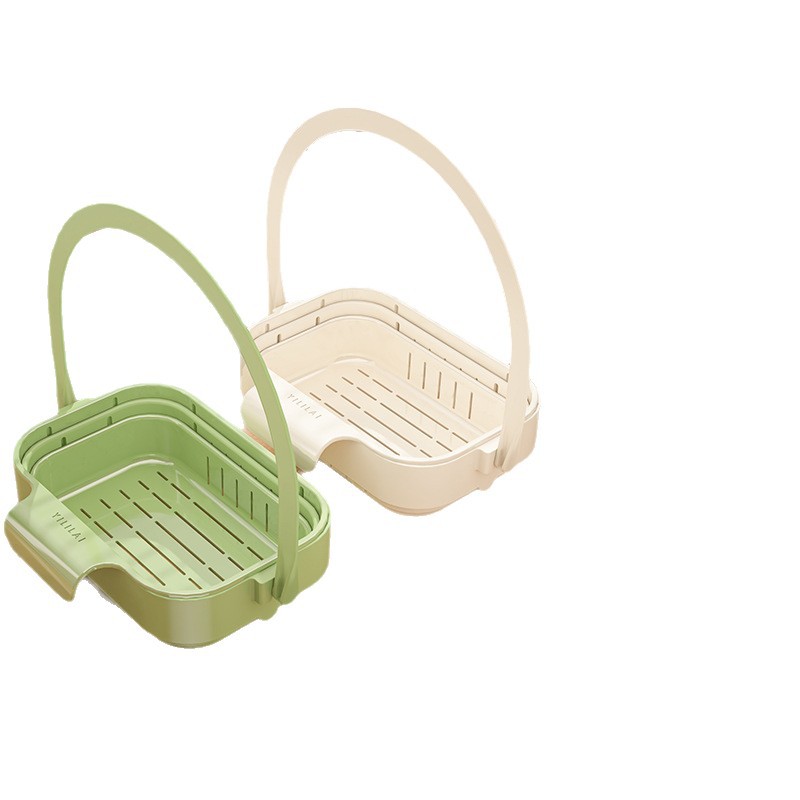 The multi-functional hanging vegetable washing basket and plastic draining basin contain broccoli, carrots, kitchenware and tableware for storage Item Picture