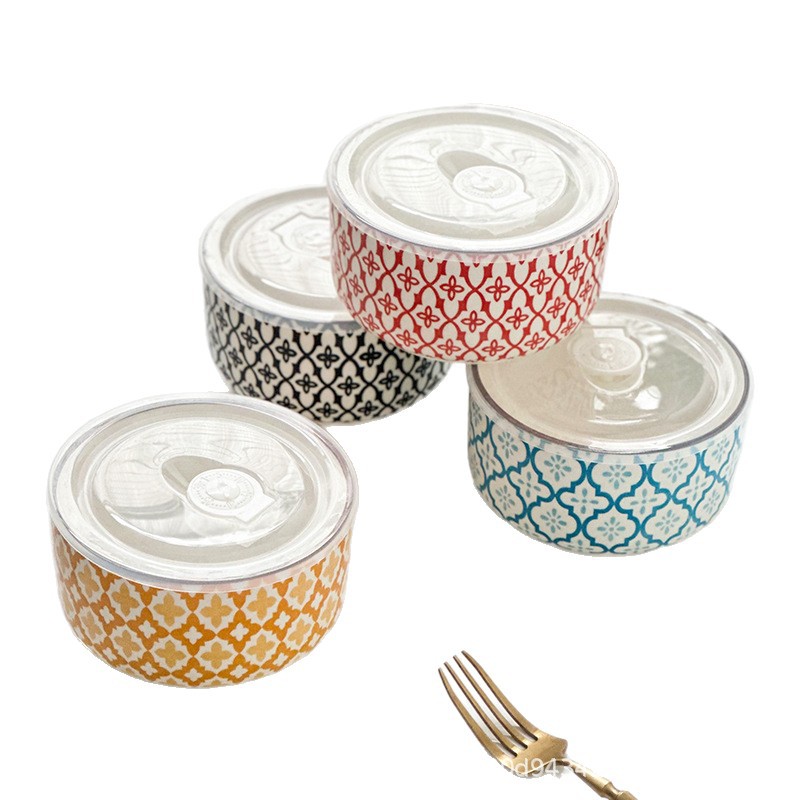 Ceramic lunch box, fresh-keeping box, round bento box with covered bowl, office worker lunch box, microwave oven heating, student instant noodle bowl Item Picture