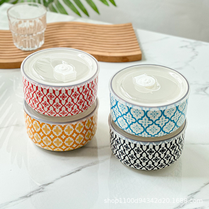 Ceramic lunch box, fresh-keeping box, round bento box with covered bowl, office worker lunch box, microwave oven heating, student instant noodle bowl details Picture