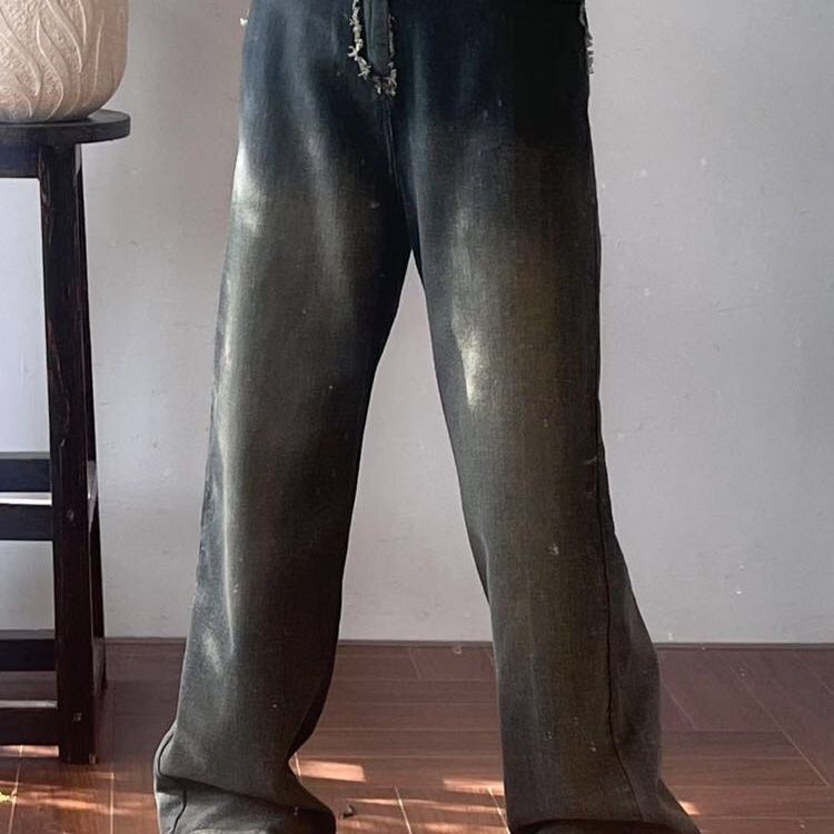 水泥灰做旧直筒牛仔裤女春秋新款宽松显瘦胖mm梨形身材阔腿裤