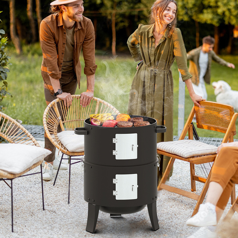 亚马逊多功能双门三合一烟熏炉户外木炭烧烤烟熏烤炉somker熏肉炉