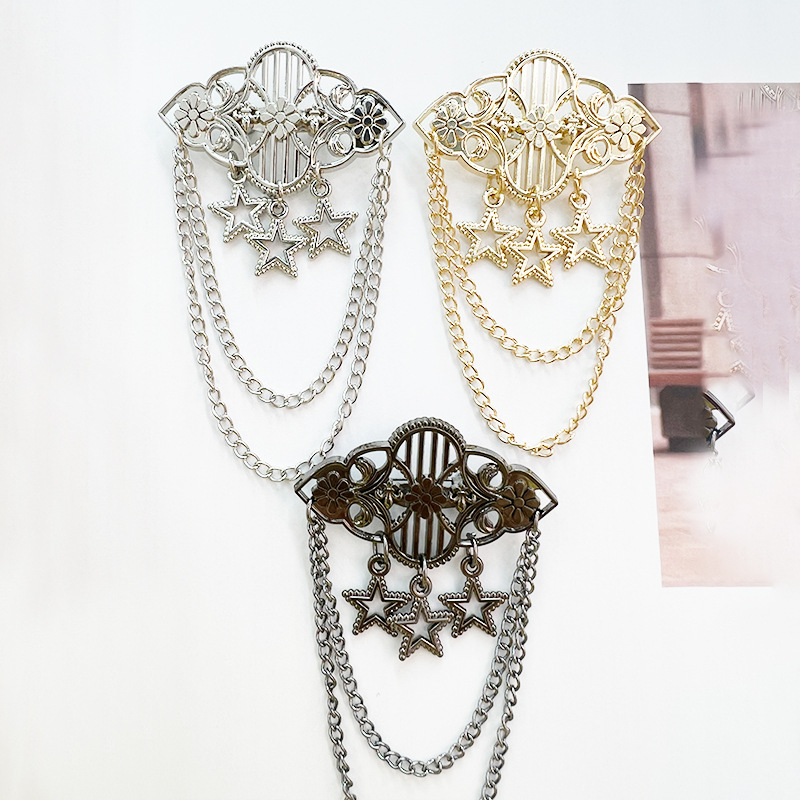 复古镂空星星链条胸针ins风小众设计感轻奢服装配饰合金别针批发