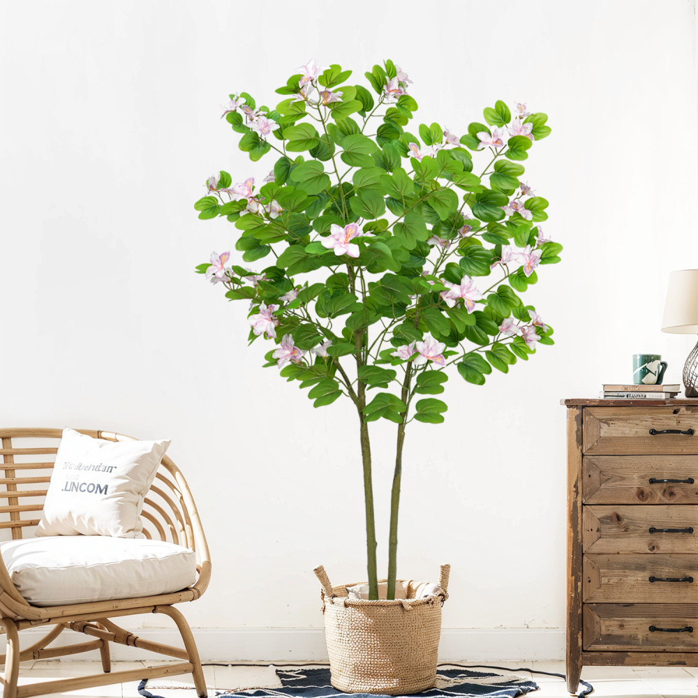 Wholesale of large Nordic popular artificial plants, artificial tree potted plants, indoor decoration, Bauhinia flower artificial green plant potted plants details Picture