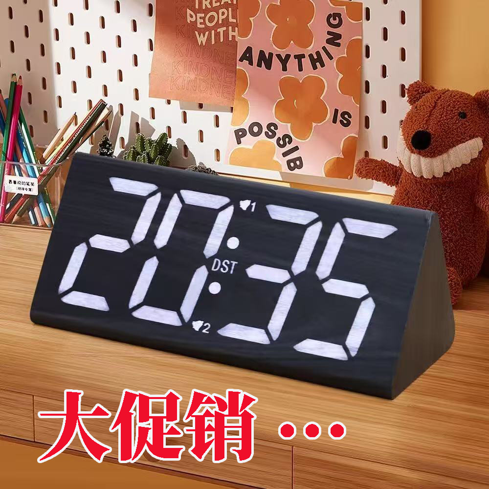 厂销LED木头钟数字夜光静音电子闹钟办公电子钟多功能学生时钟