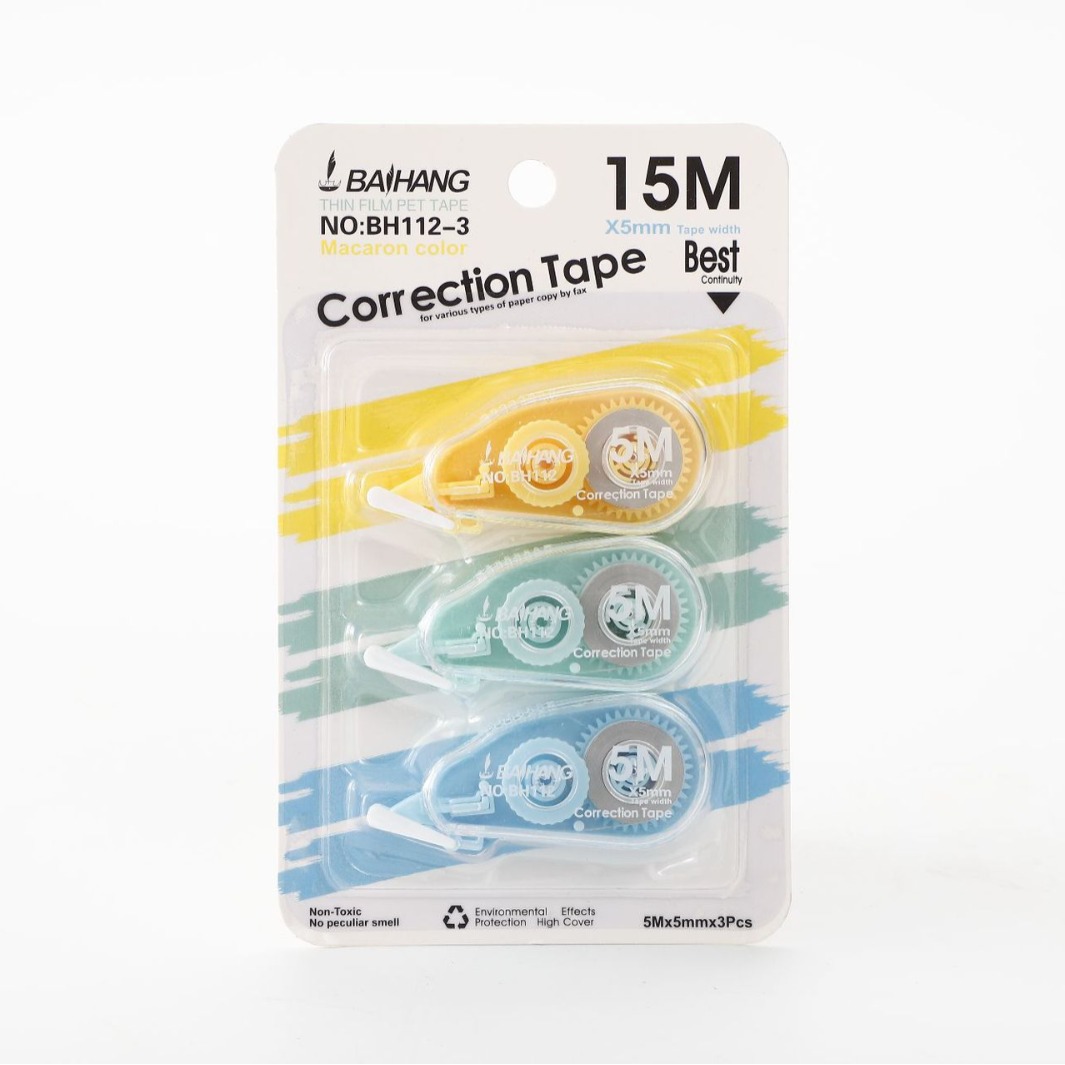 Baihang fully transparent and simple correction tape for student stationery and learning supplies, large-capacity correction and correction tape, 3-piece set Item Picture