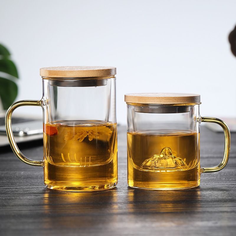 High borosilicate glass water cup, mountain viewing cup, tea water separation cup, tea brewing cup, filter three-piece cup, bamboo and wood lid cup, tea water cup details Picture