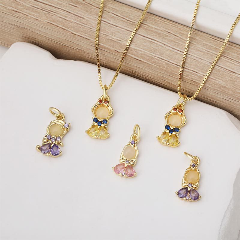 Copper-plated real gold color retention and zircon inlaid cartoon beauty pendant, diy bracelet and necklace accessory