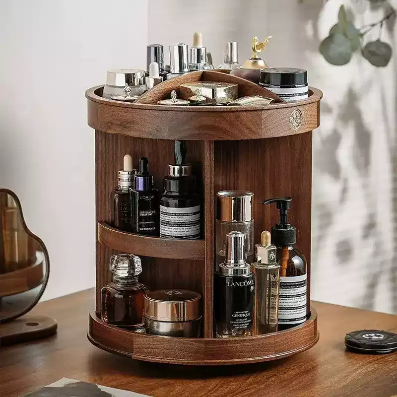 化妆品收纳架多功能大容量桌面梳妆台整理神器胡桃木色旋转储物盒