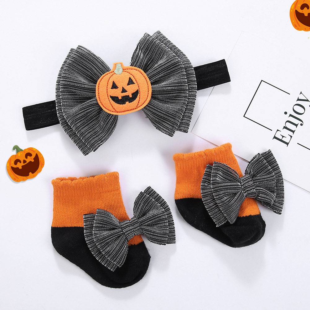 跨境新款万圣节婴儿发带袜子套装儿童节日装饰品蝴蝶结南瓜头饰
