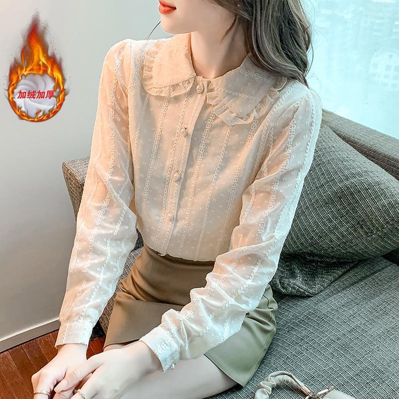 洋气蕾丝雪纺衫女长袖2025秋冬新款加绒加厚打底衫木耳边翻领衬衫