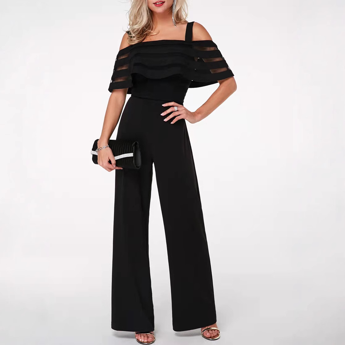 2025 European and American cross-border Amazon independent Station one-neck halter women's solid color combination receiving waist-shaped jumpsuit details Picture