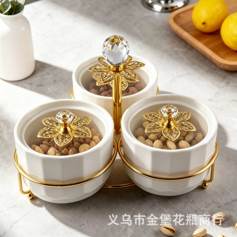 Light luxury golden-edge ceramic dried fruit box, three or four compartments with LIDS, snack storage box, living room coffee table, nuts and candies compartments