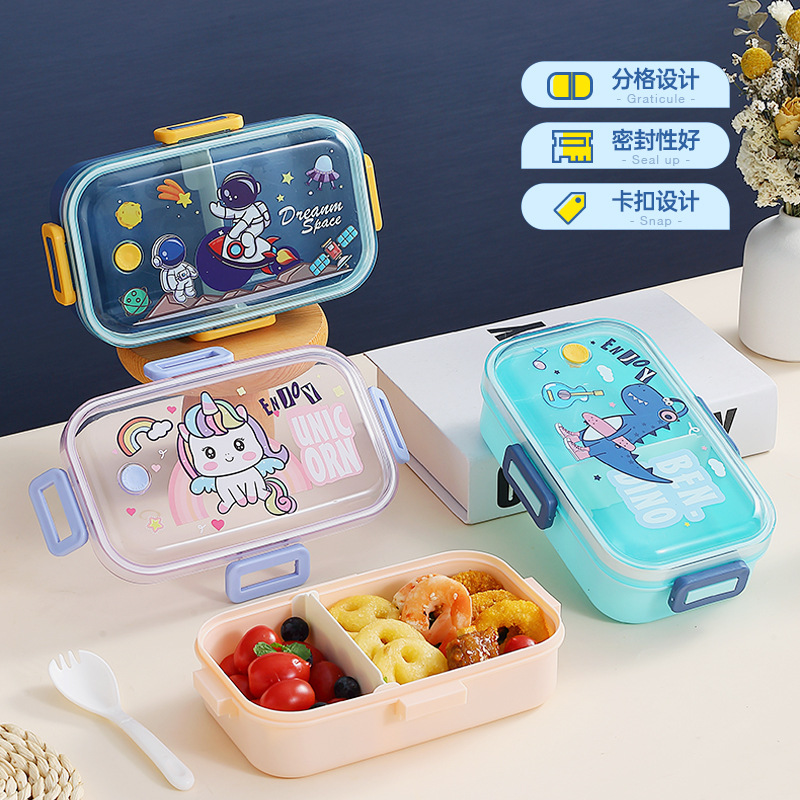 Plastic compartment-sealed lunch boxes, children and students with spoons and forks, office workers' lunch boxes, microwave-safe cross-border preservation boxes