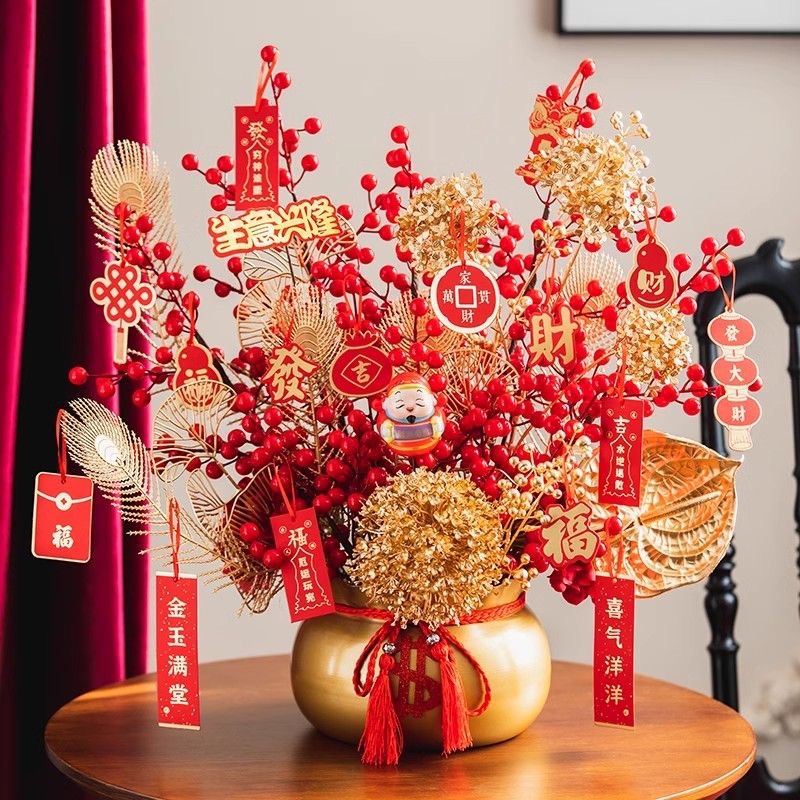 春节新年发财果红果仿真花开业装饰福桶摆件客厅乔迁之喜礼物搬家