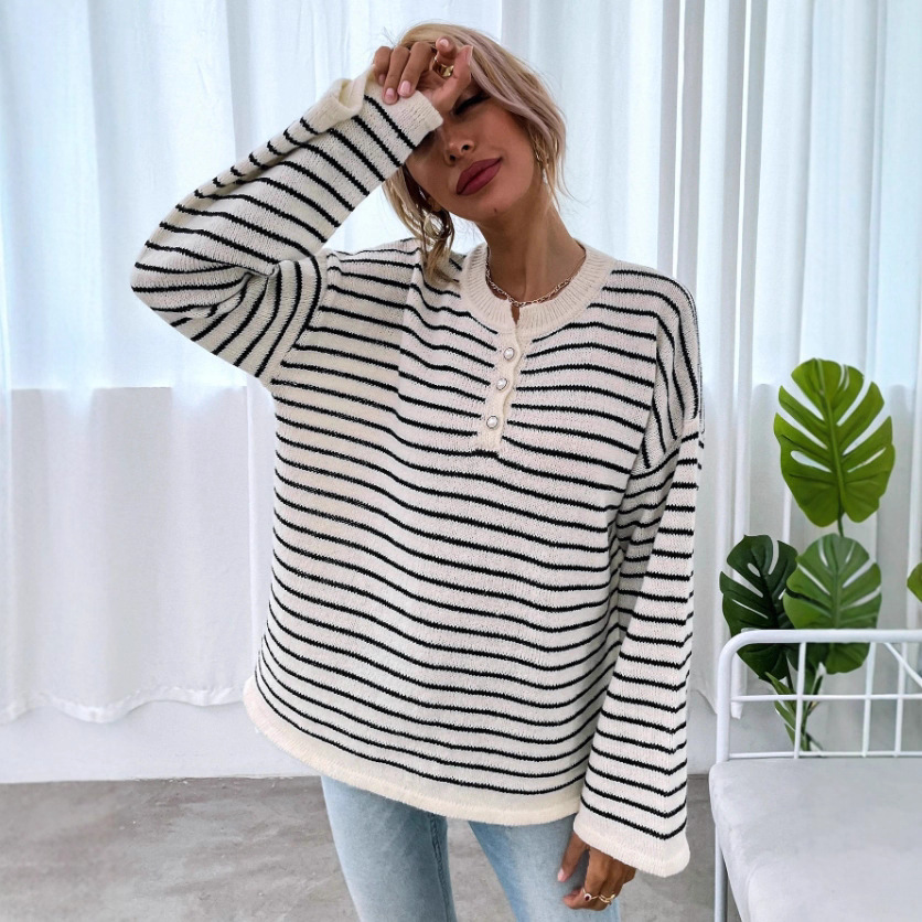 Cross-border foreign trade Amazon striped contrasting color loose long-sleeved T-shirt, European best-selling knitted sweater, high-end top Application Scenario