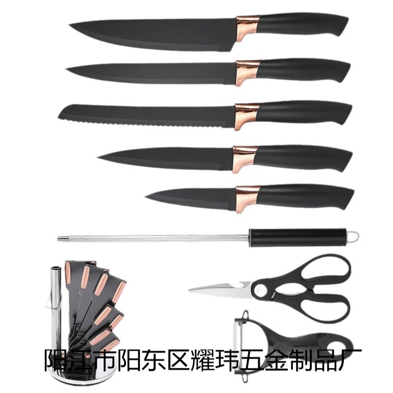 Cross border new kitchen cutter set 9 piezas conjunto de acero inoxidable chapado cabeza banda rotativa de acrílico cuchillo titular fábrica ahora Item Picture