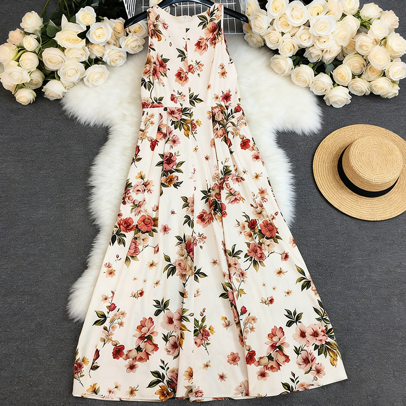 LN1828 Cross-border 2026 European and American summer new women's printed sleeveless long dress Specification drawing
