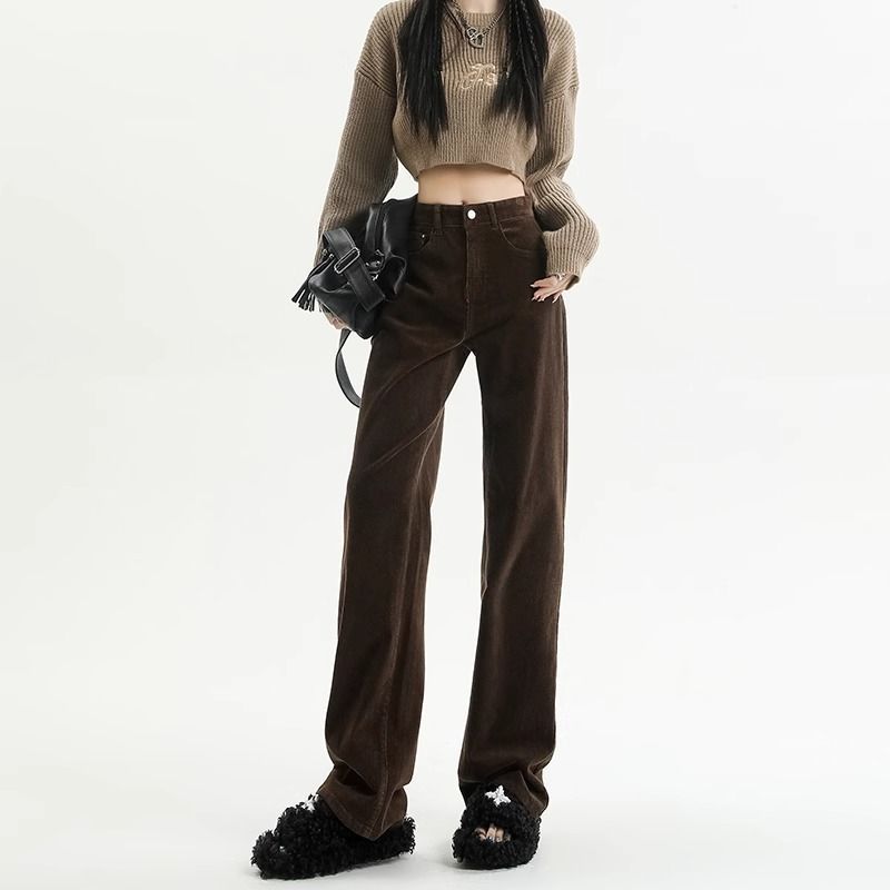 长裤版休闲条绒2025拉德窄棕色咖啡直筒年秋冬灯芯绒裤子女美阔腿细节图