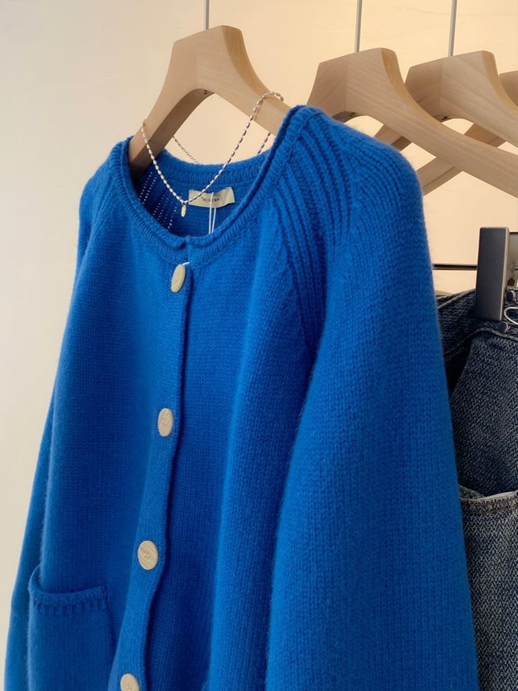 Sanlida Dikailin blue knitted cardigan sweater jacket for women's early spring, with a unique design sense and blue lantern sleeves Specification image