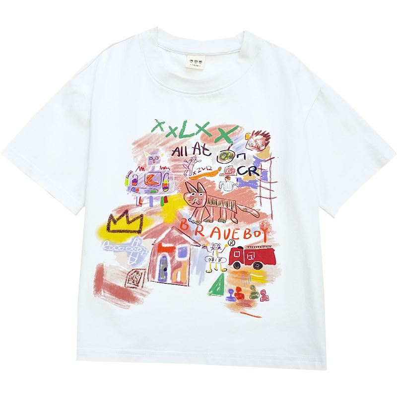 Niño hai ma home chung fan manga corta camiseta de algodón verano 2026 nuevos niños korean versión graffiti ropa niños chung Item Picture