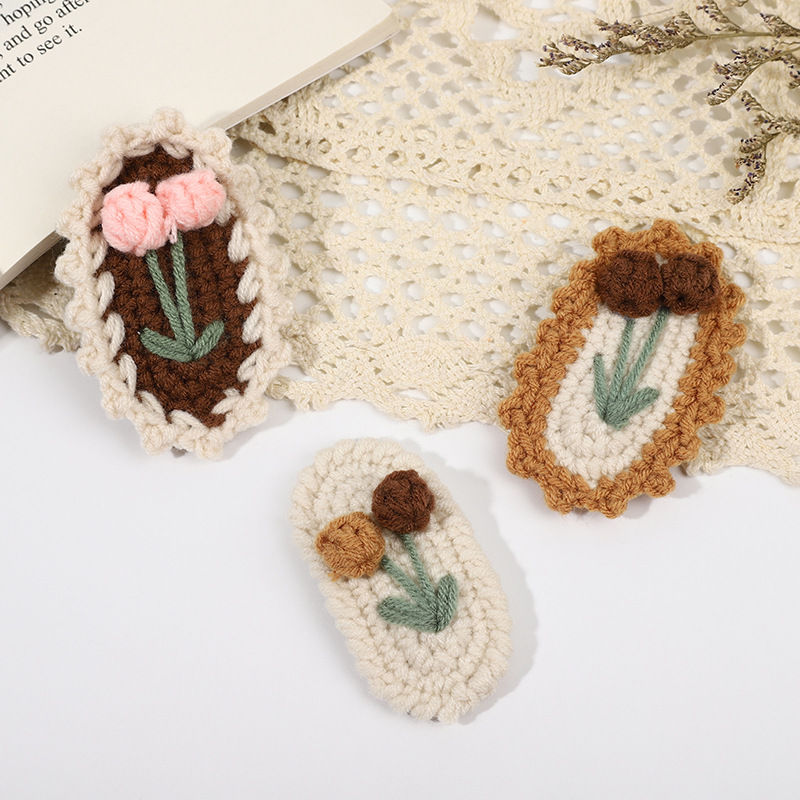 Otoño invierno tejido a mano bricolaje hilado pinza cereza flor BB clip cute chica franja lateral clip tiara