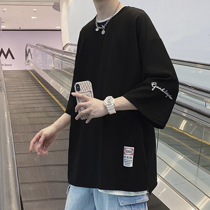 Printed three-quarter sleeve men's T-shirt, summer trendy brand, loose large-sized half-sleeve T-shirt, heavyweight short-sleeved ice silk clothes details Picture
