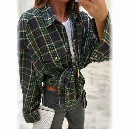 Amazon cross-border retro style versatile lapel loose shirt 2023 autumn plaid long-sleeved pocket women's shirt Application Scenario