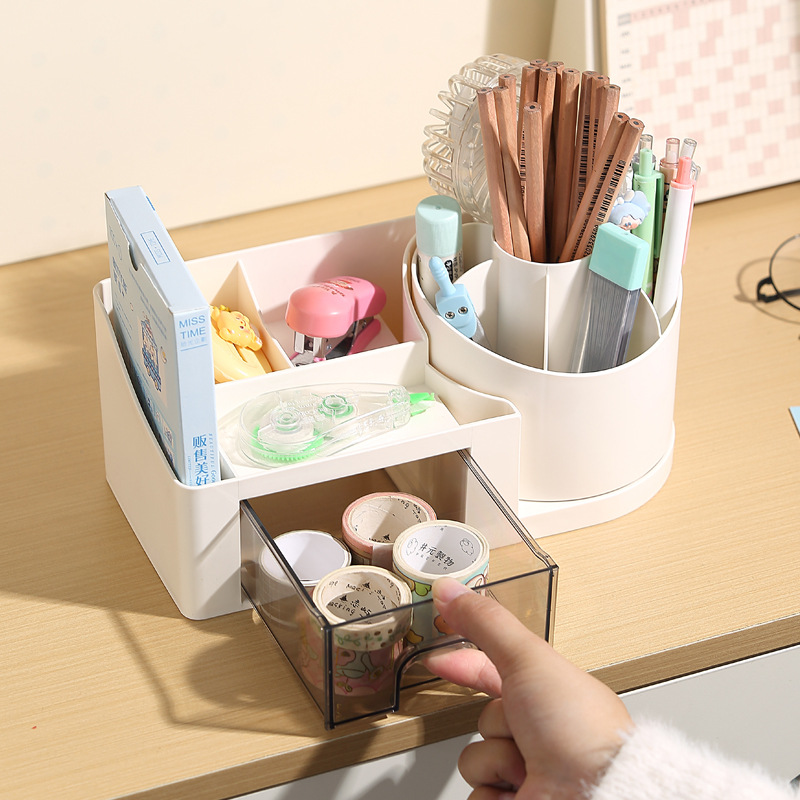 Rotating pen holder, multi-compartment desktop, lipstick and stationery, desk shelf, cross-border exclusive, with drawer compartment desktop storage box details Picture