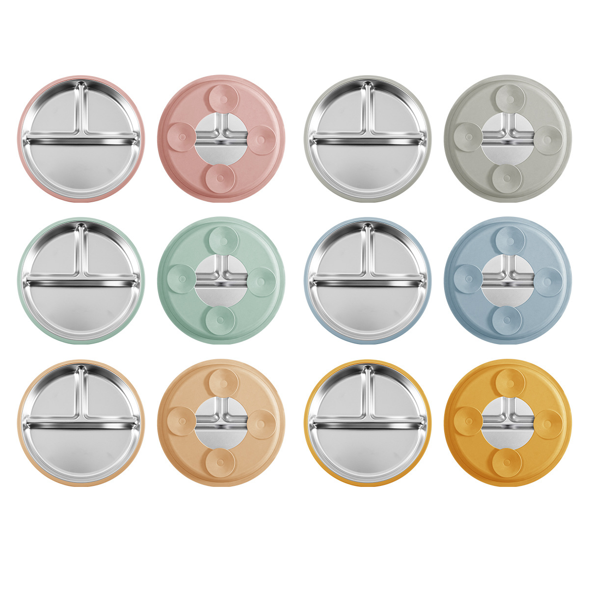 亚马逊儿童餐盘食品级304不锈钢盘幼儿吸盘式硅胶防摔宝宝分格盘详情图1