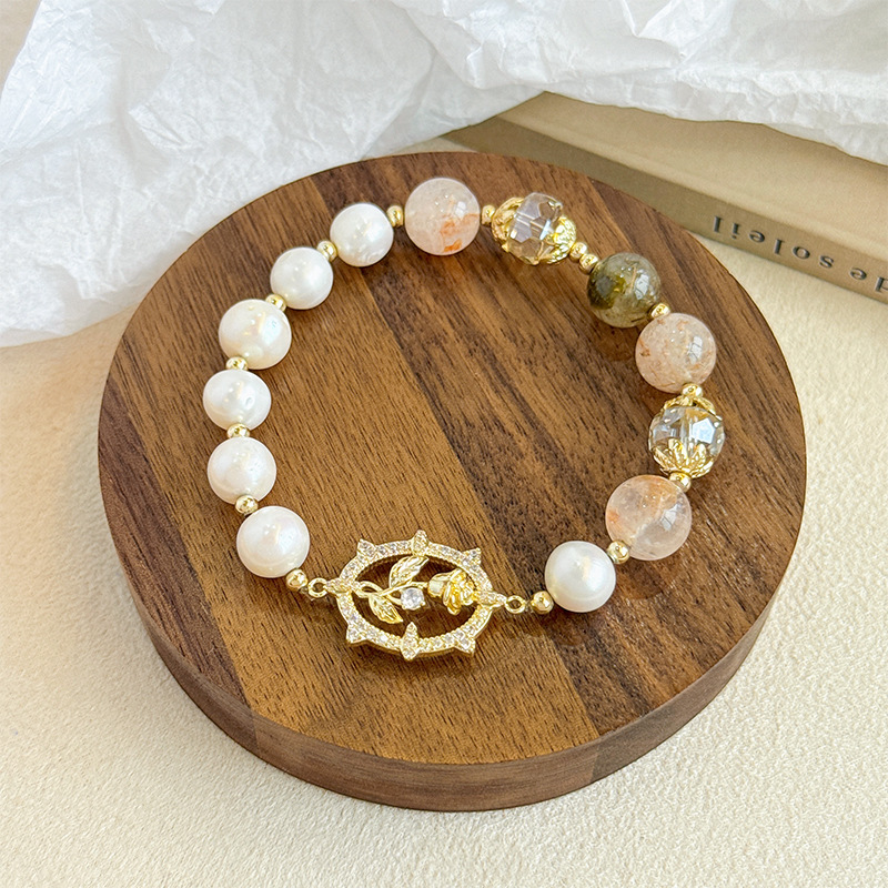 NALA娜啦甜美森系玫瑰花自然石水晶创意手串新中式轻奢高级感手链