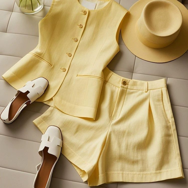 2026 stylish summer outfits paired with petite European products, a trendy and youthful, high-end yellow vest and shorts set full figure