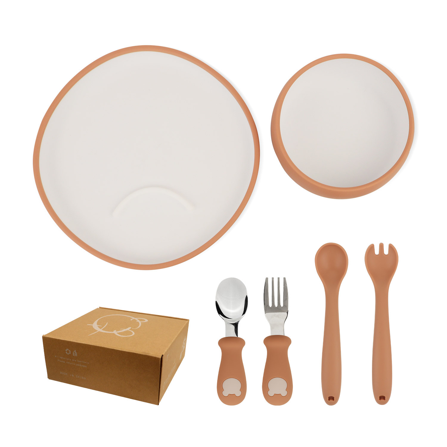 Children's silicone complementary food tableware set, two-color bowls, plates, spoons, forks, four-piece set, baby food-grade e-commerce new product full figure