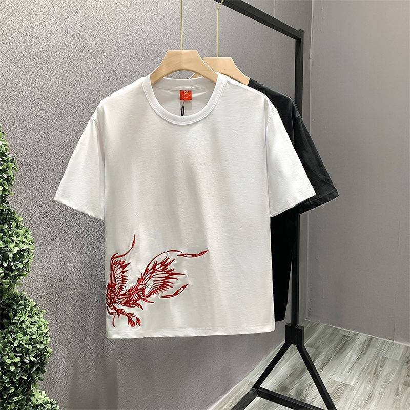 Guochao Heavy Industry Phoenix Embroidery, a high-end, niche and light luxury men's T-shirt with short sleeves Specification image