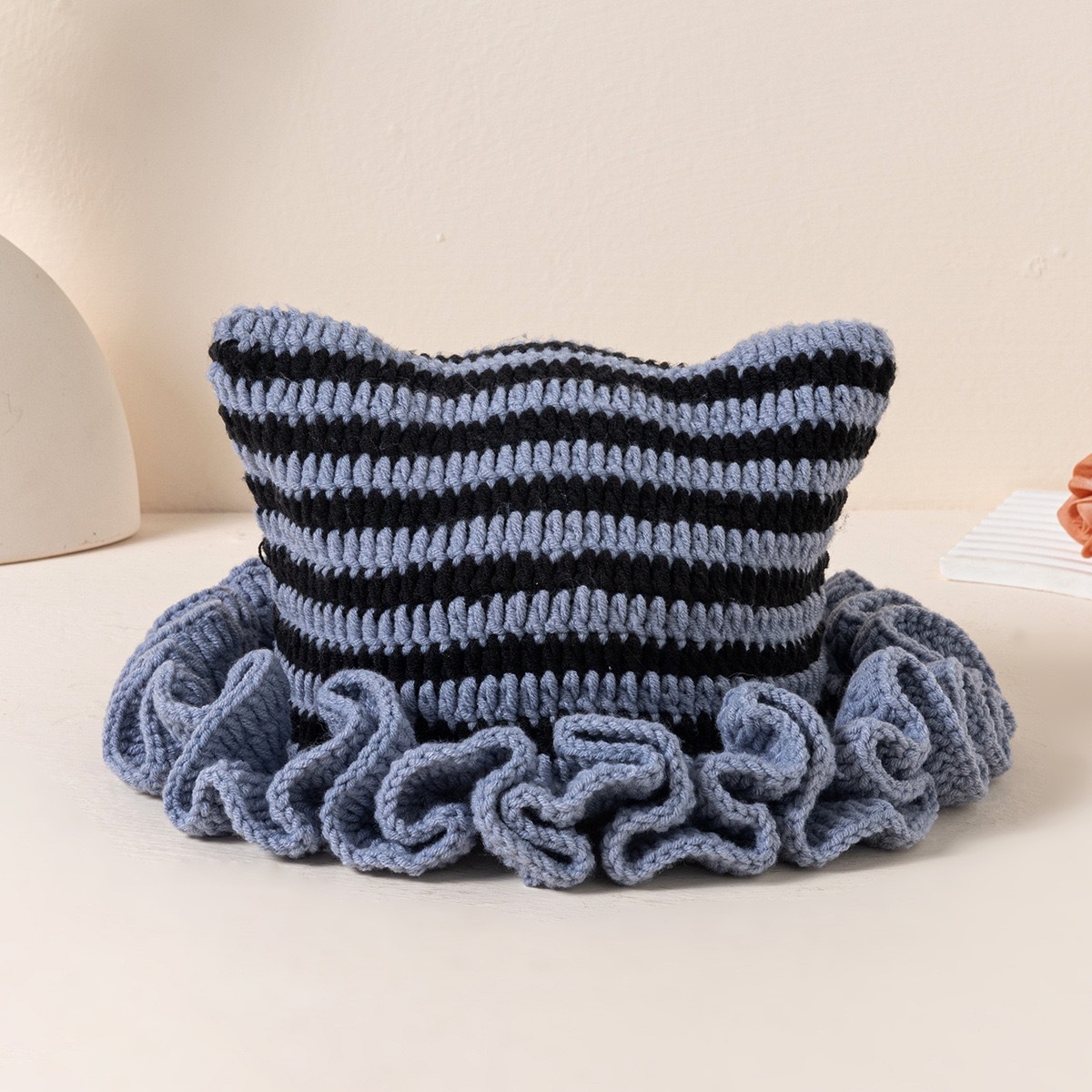 Handmade crochet hat for women, striped ruffled cat ear hat for women, fashionable knitted woolen hat, retro, sweet and cute details Picture