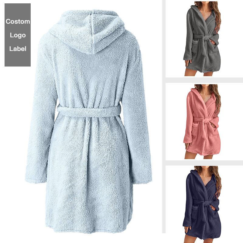 跨境欧美ebay2023秋冬季女士纯色毛绒居家保暖加绒睡衣浴袍代发