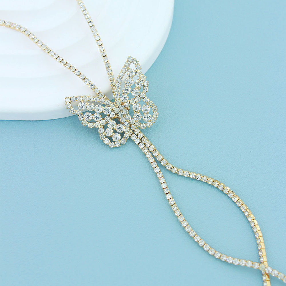 Autumn and winter sweater chain, European and American cross-border bow, long rhinestone sweater chain, women's light luxury and elegant clothing accessory necklace Specification image