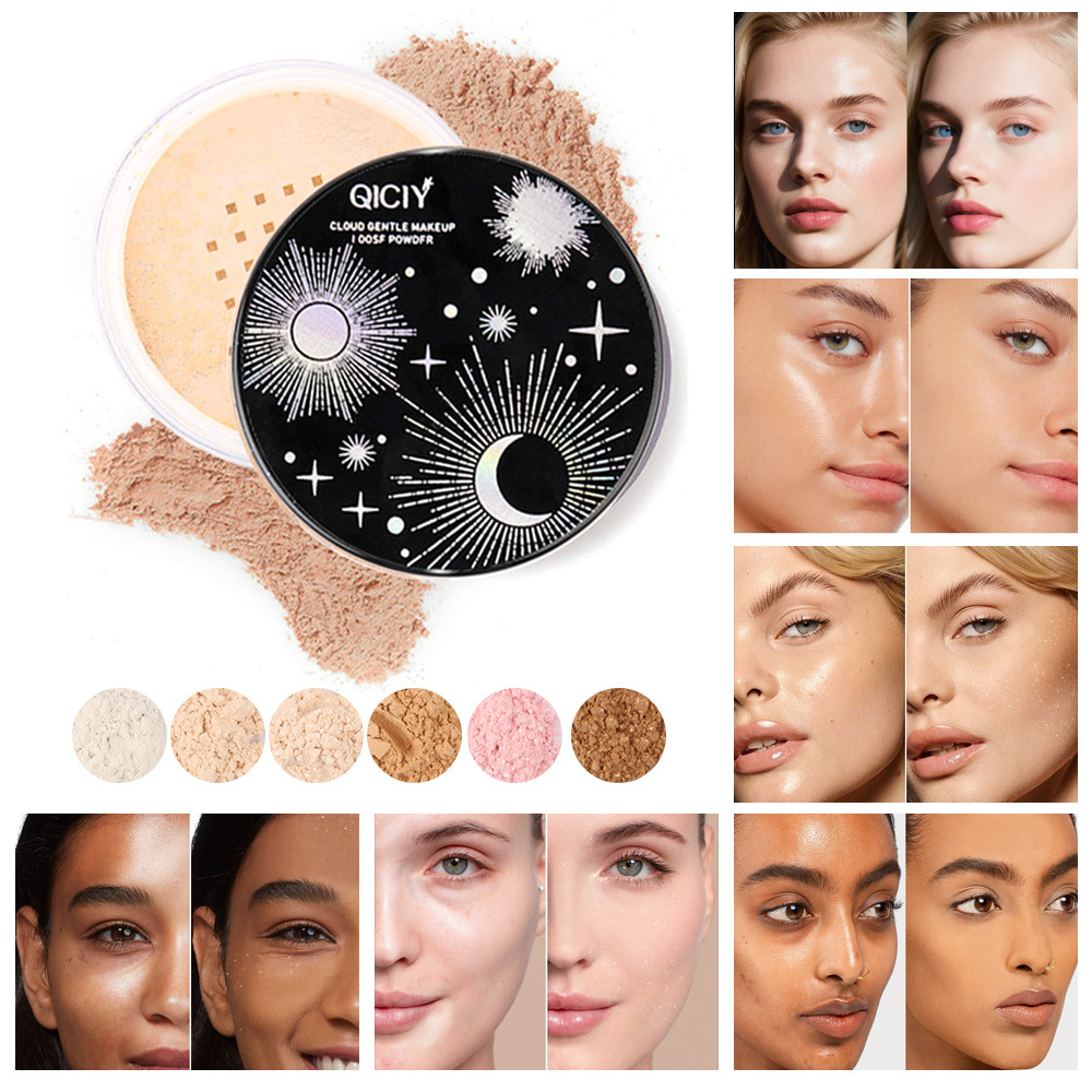 跨境专供QICIY3色珠光散粉+3色散粉粉饼补妆定妆遮瑕干湿两用批发细节图