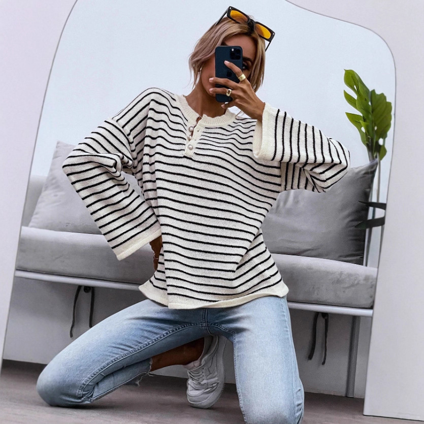 Cross-border foreign trade Amazon striped contrasting color loose long-sleeved T-shirt, European best-selling knitted sweater, high-end top Specification drawing