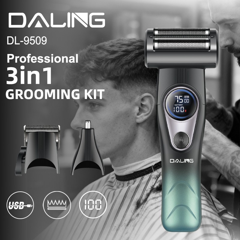 DALING darling 9509 hombre profesional 3in1 afeitado combo set viene con pantalla digital USB recargable aceite cabeza corte