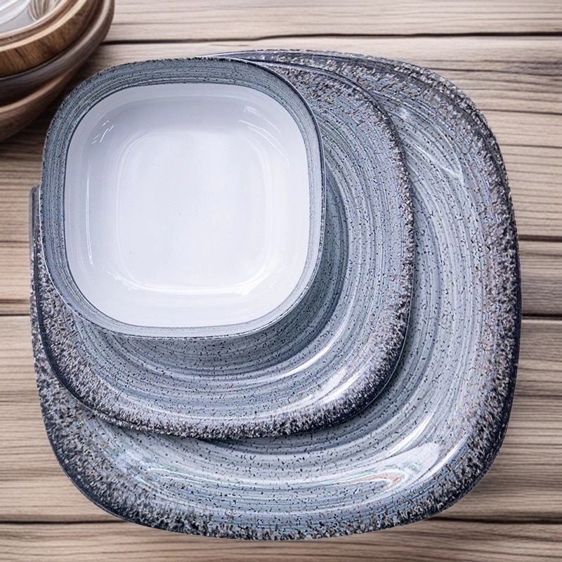 Export melamine imitation porcelain tableware, shallow-edge flat plates, shock-resistant square seafood plates, sashimi plates, vegetable plates, OEM export full figure