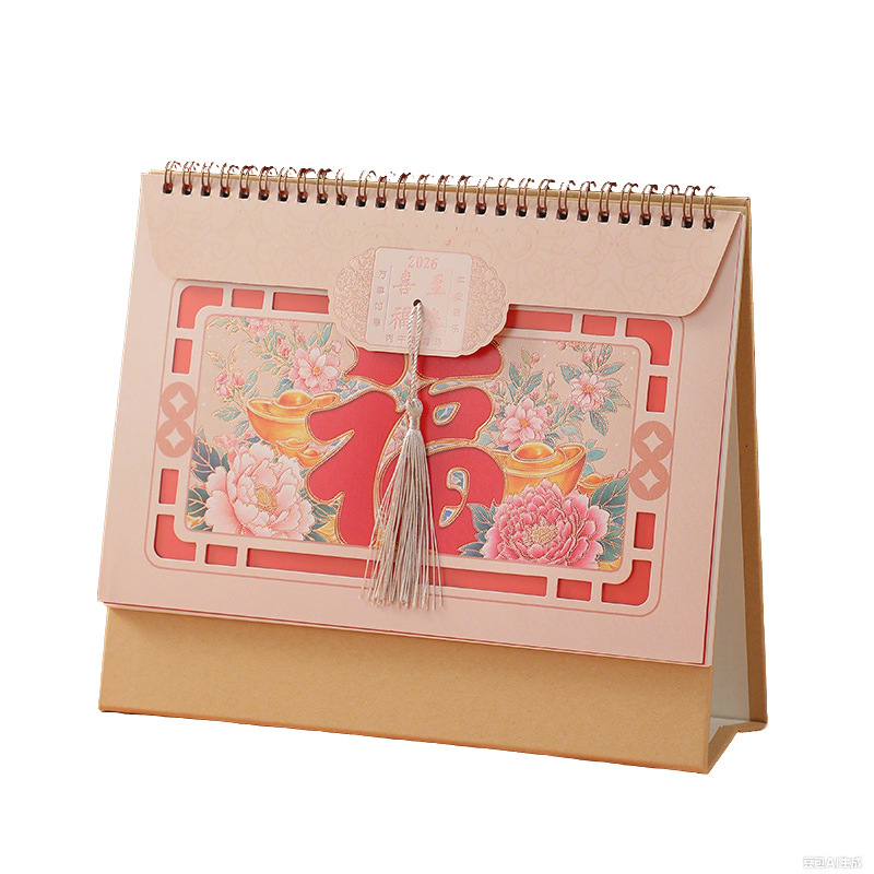 Zhouzhou Calendar 2026 Year of the Horse Desk Calendar Large gold-embossed hollowed-out paper Stand Desk calendar Large grid note-taking calendar with embossed advertisements Item Picture