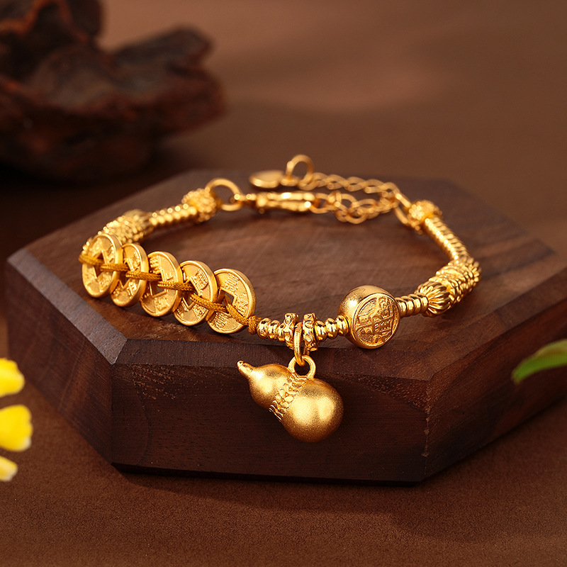 Retro Five Emperors coin sand gold bracelet, new Chinese-style fashionable gourd pendant, coiled light luxury jewelry, handcrafted Chinese style details Picture