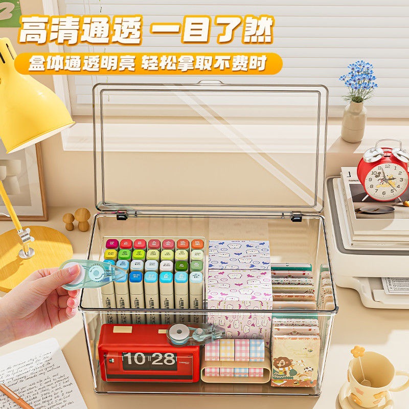 翻盖式桌面收纳盒透明亚克力防尘整理盒卧室宿舍办公室带盖收纳筐