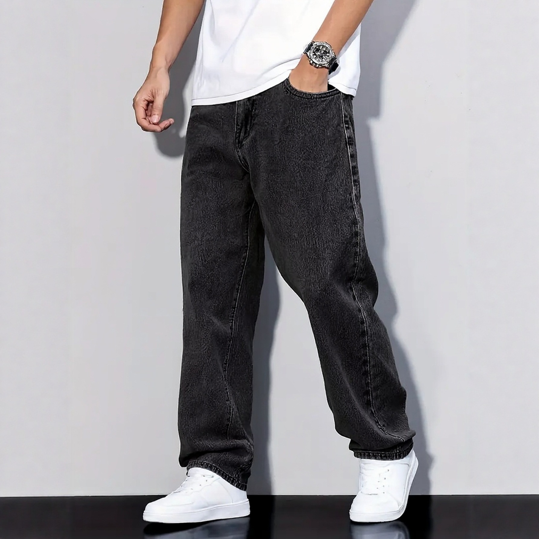 High-elastic loose jeans, men's casual trousers, washed and polished straight-leg pants details Picture